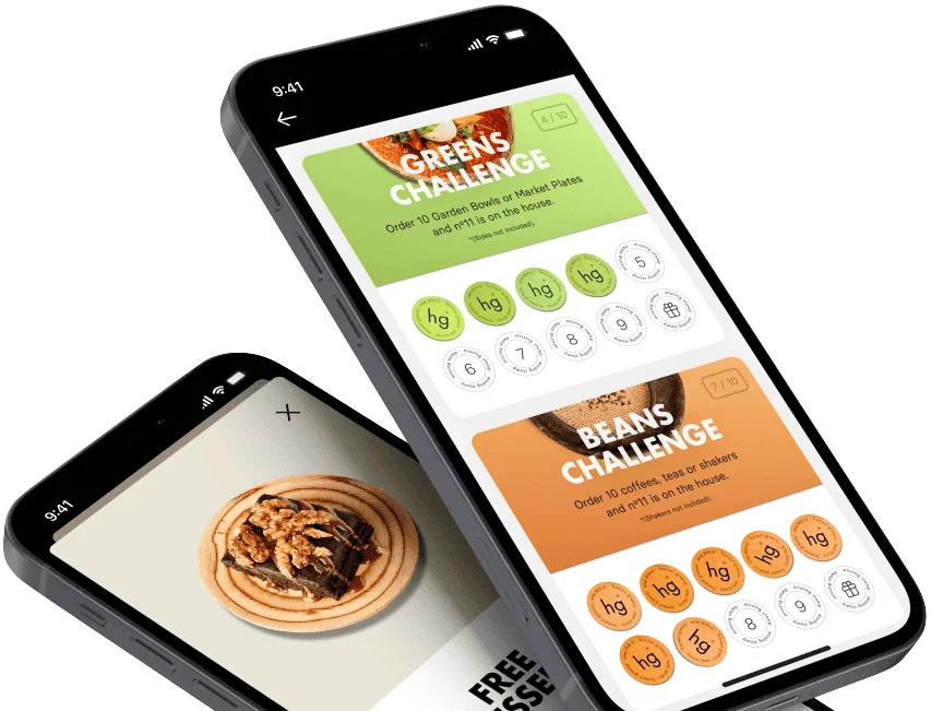 Hg App loyalty programme with the Greens and Beans Challenge, rewarding every healthy order in London.